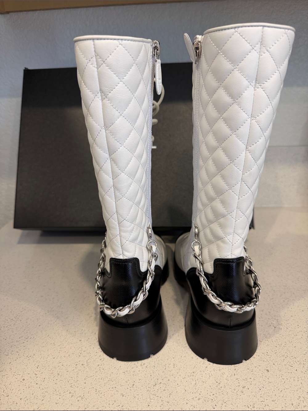 CHANEL White Quilted Leather Lace-Up Combat Boots with Black Cap Toe & Chain - Picture 4 of 6